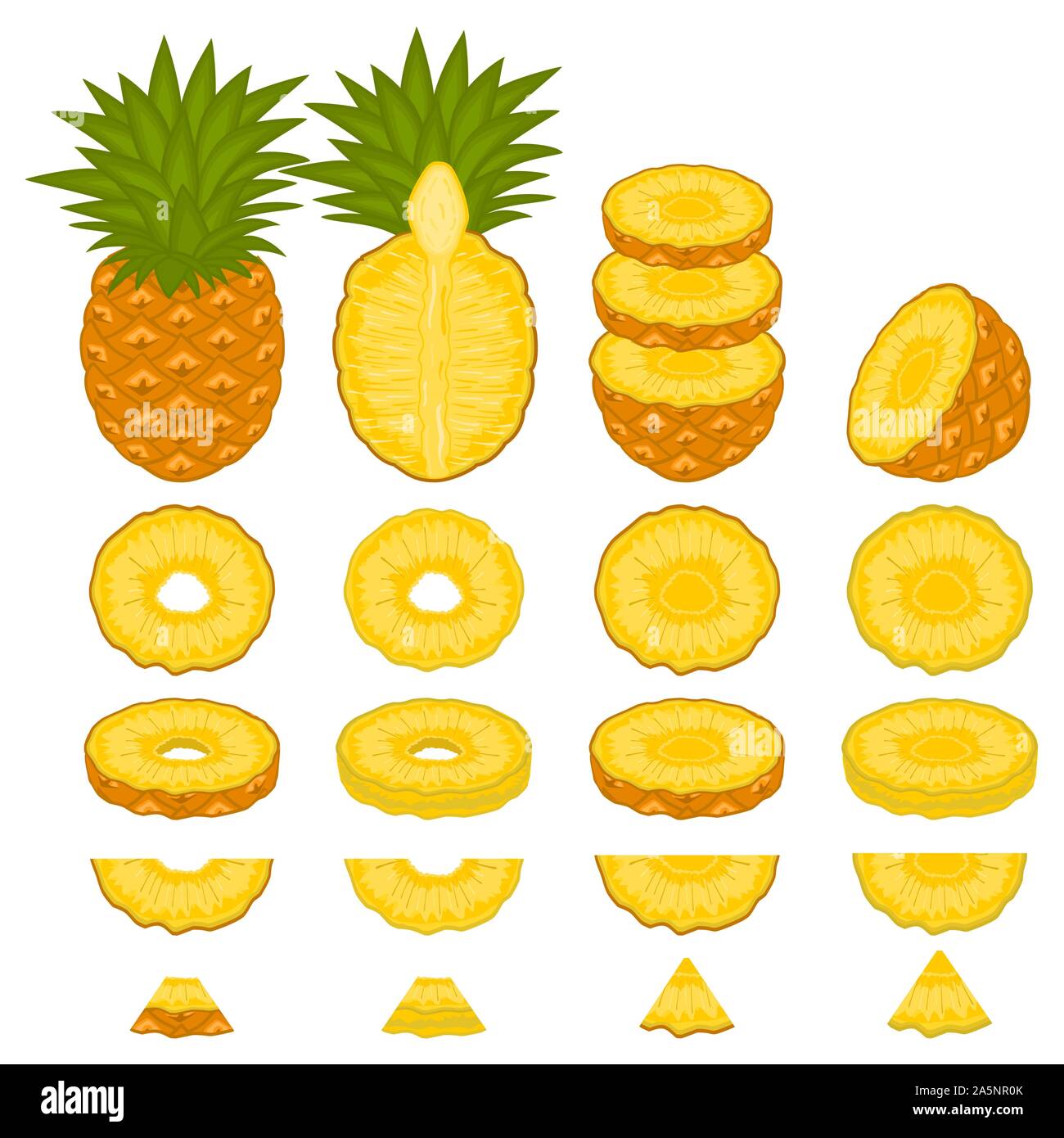 Illustrazione sul tema grande impostare diversi tipi di giallo Ananas tropicale, stelo verde di varie dimensioni. Modello di Ananas costituito da collezione tropical Illustrazione Vettoriale