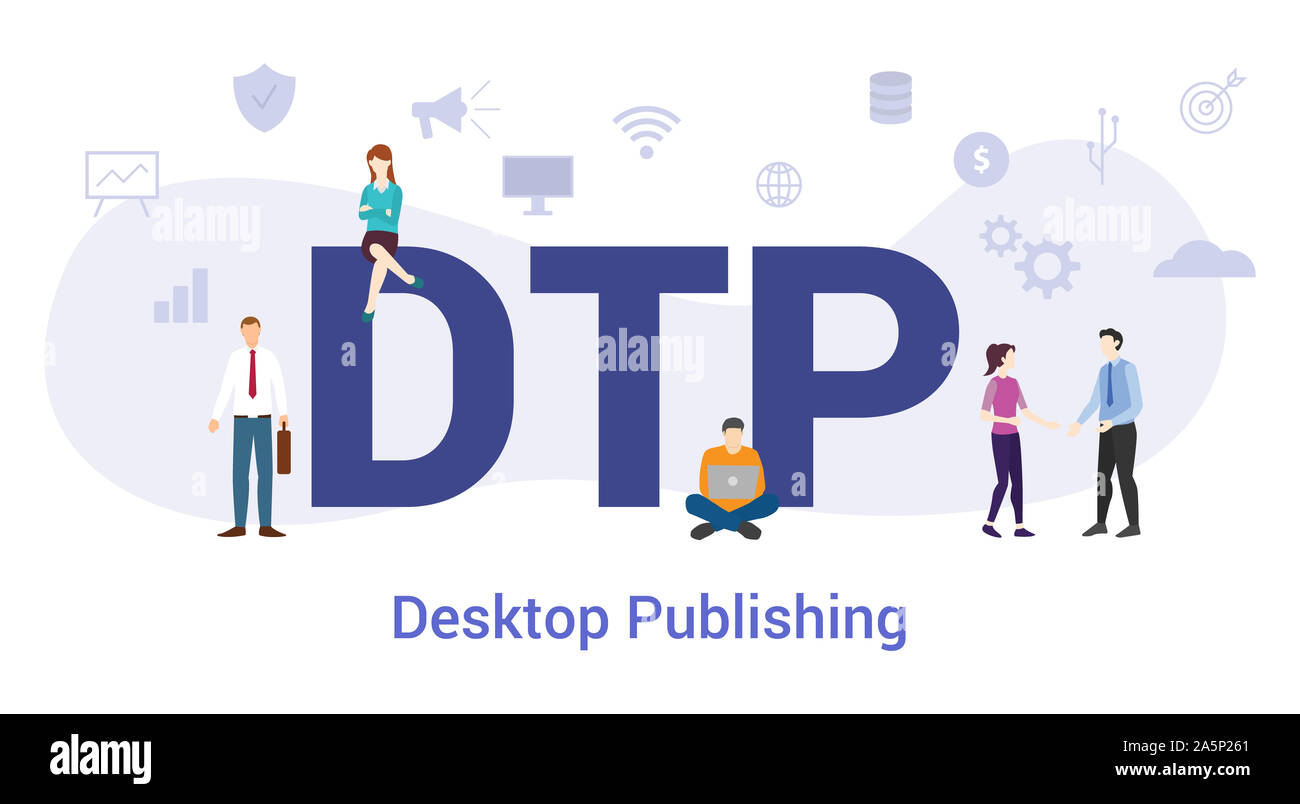 Dtp desktop publishing concetto con grande parola o il testo e il team di persone con un moderno stile piatto - illustrazione vettoriale Foto Stock