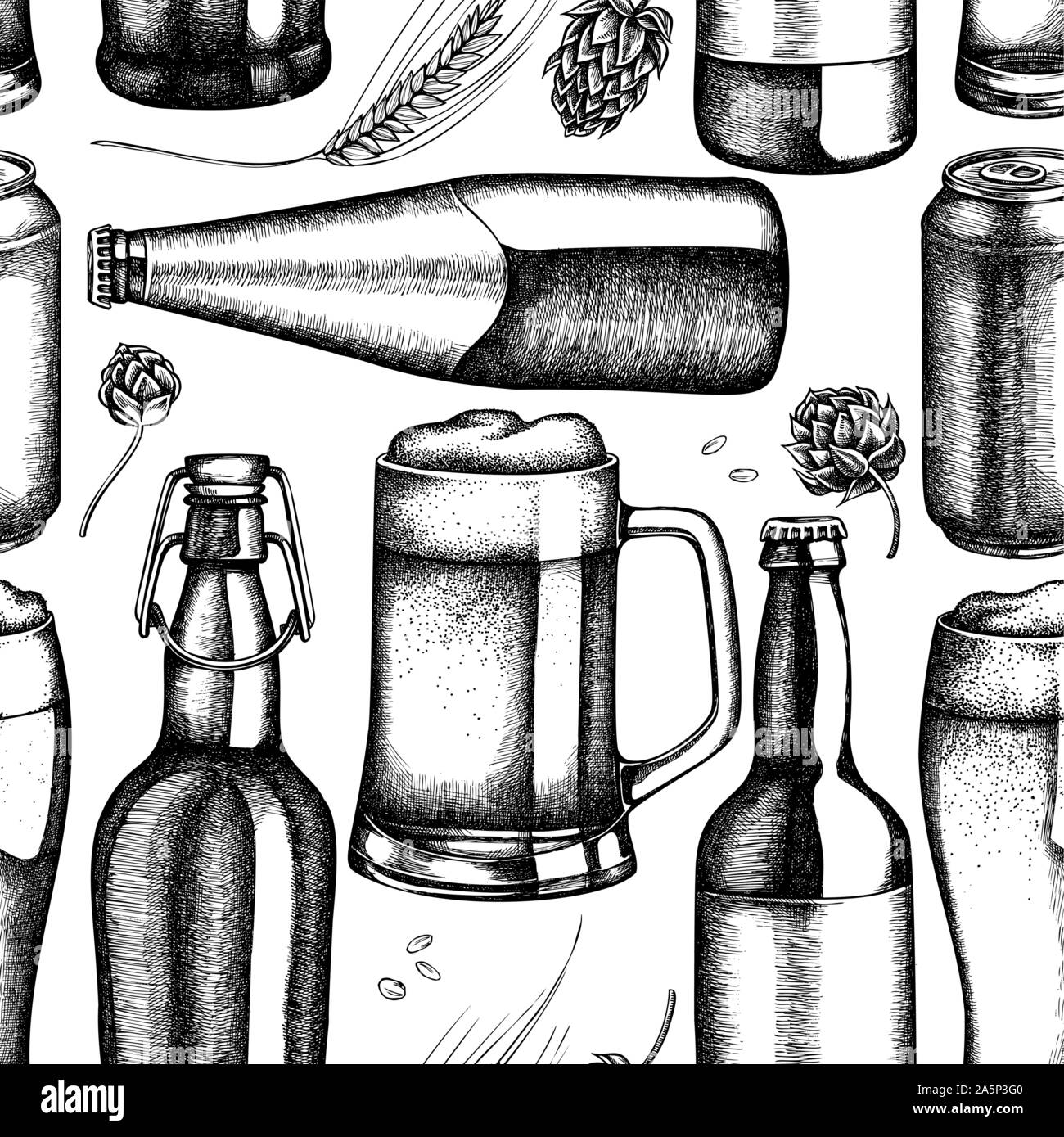 Modello senza soluzione di continuità con il bianco e nero di segala, hop, boccale di birra, le bottiglie di birra, alluminio può stock illustrazione Illustrazione Vettoriale