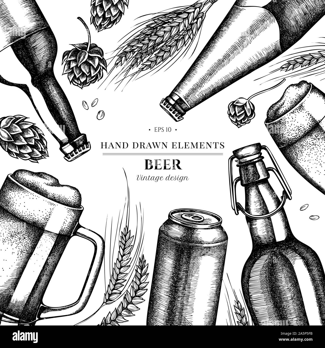 Design floreale con in bianco e nero di segala, hop, boccale di birra, le bottiglie di birra, alluminio può stock illustrazione Illustrazione Vettoriale