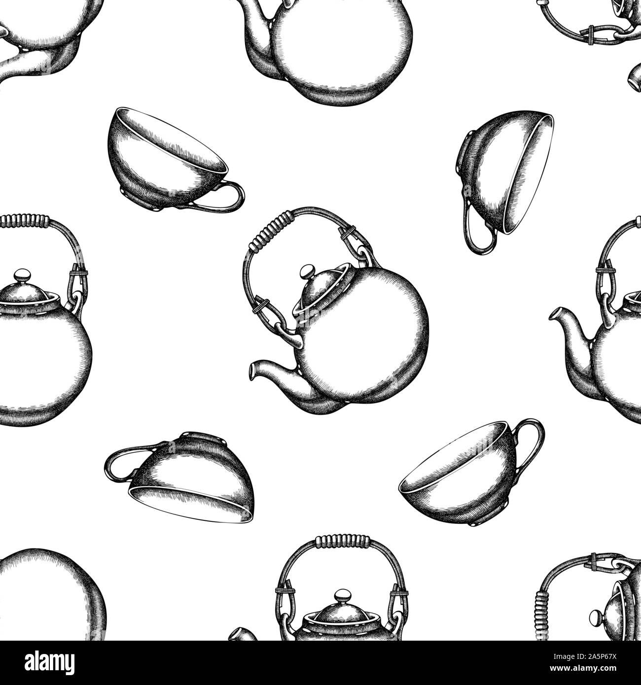 Modello senza soluzione di continuità con il bianco e nero di teiere e tazze di illustrazione di stock Illustrazione Vettoriale