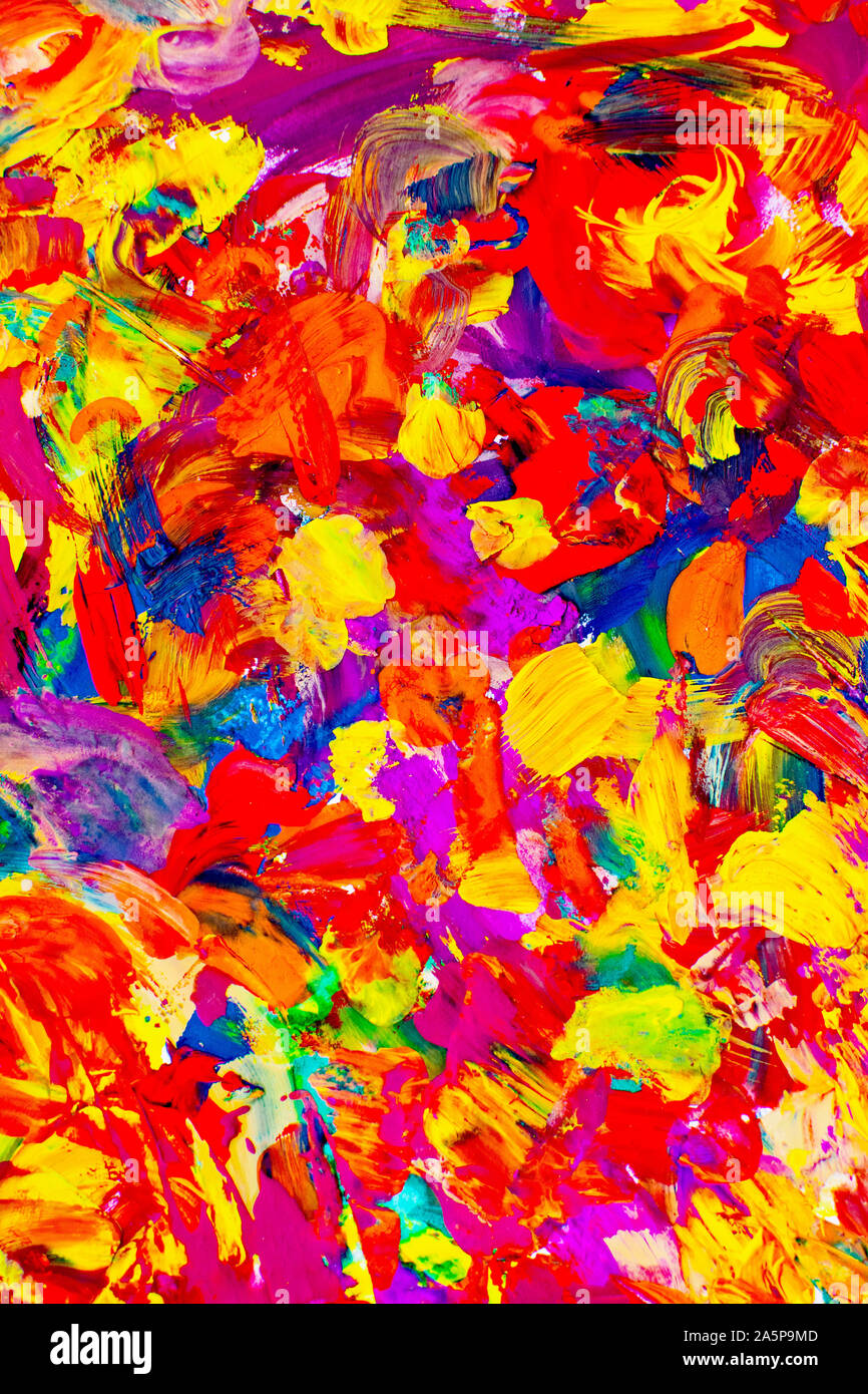 Astrazione dipinta con gouache multicolore. Disegnare con le dita. Foto Stock
