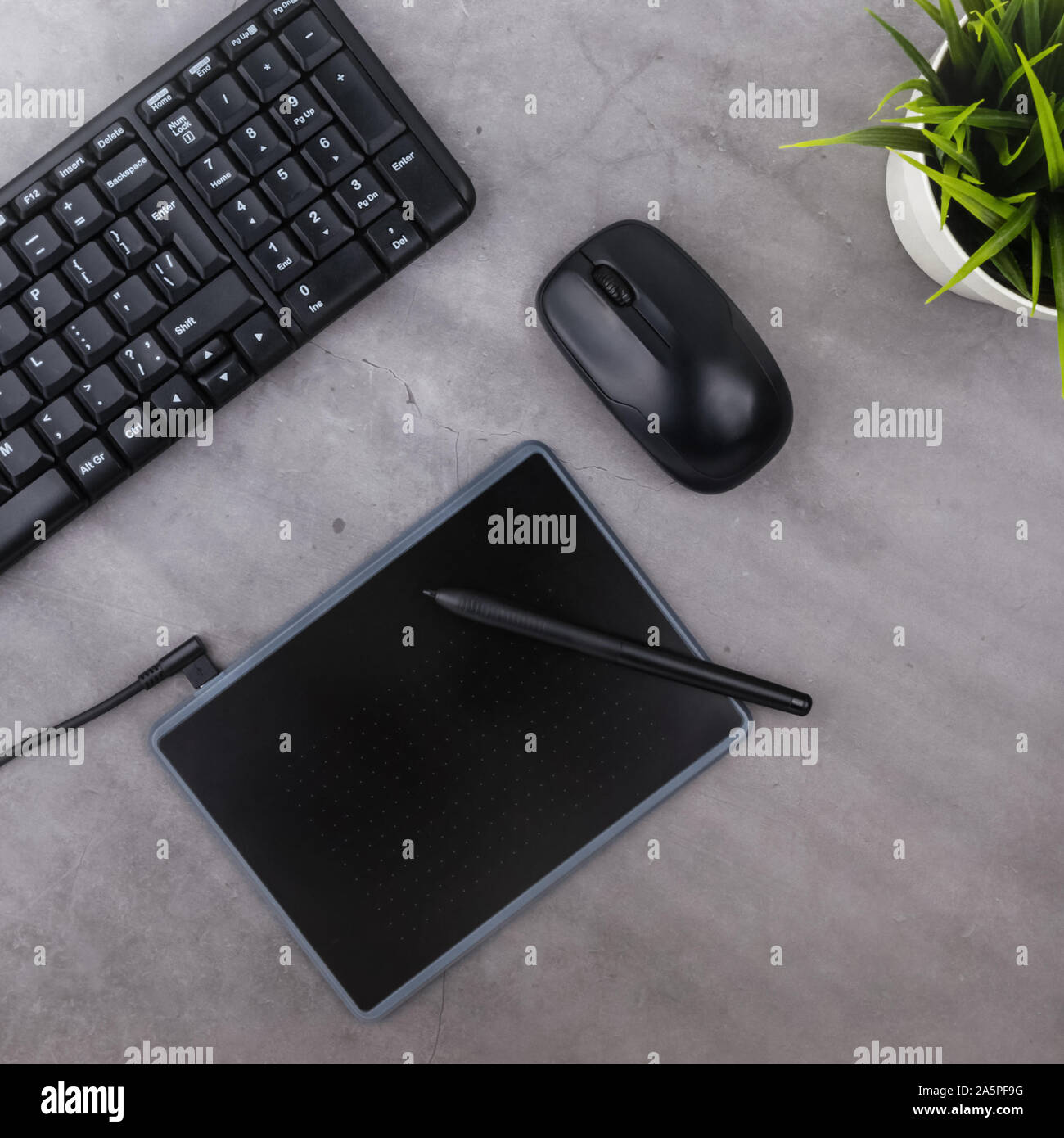 Luogo di lavoro sulla tabella scuro con copia spazio. Tastiera e mouse del computer, penna e tavoletta grafica, fiori in vaso. Lay piatto. Foto Stock