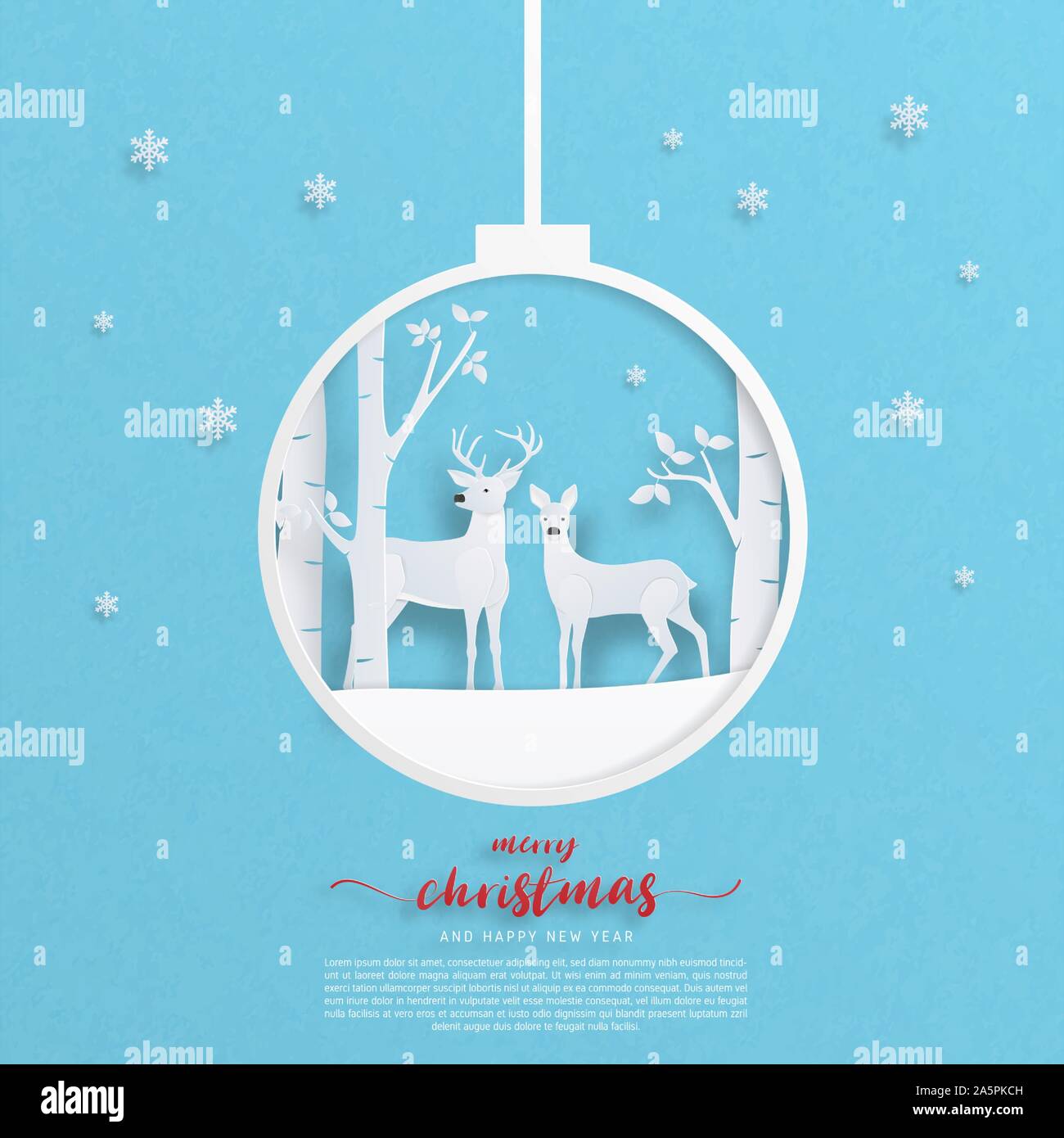 Digital realizzati artigianalmente deer giovane su snowfield con la foresta di alberi e la caduta di fiocchi di neve in carta tagliata stile. Illustrazione Vettoriale. Design per poster, striscioni Illustrazione Vettoriale