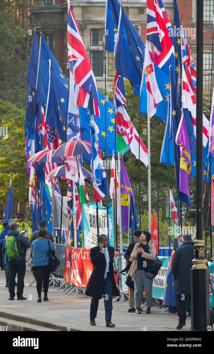 Westminster, Londra, Regno Unito. Il 22 ottobre 2019. Rimanere e Brexit dimostranti fuori il Parlamento attendono l arrivo di MPs per le attività aziendali quotidiane. Pro-Brexit e rimangono le bandiere in onda la brezza a College Green. Credito: Malcolm Park/Alamy Live News. Foto Stock