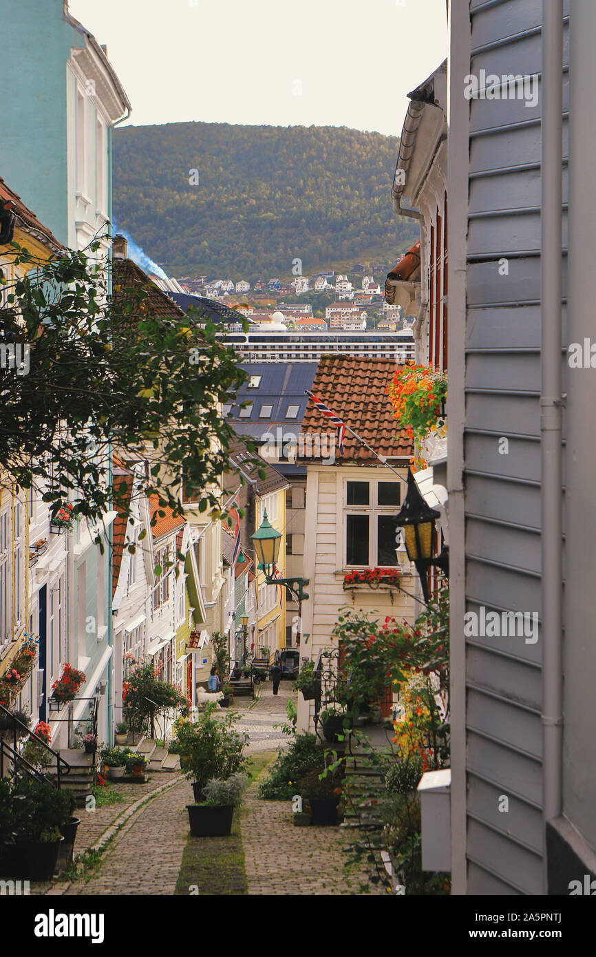 Accogliente strada stretta a Bergen, Norvegia. Foto Stock