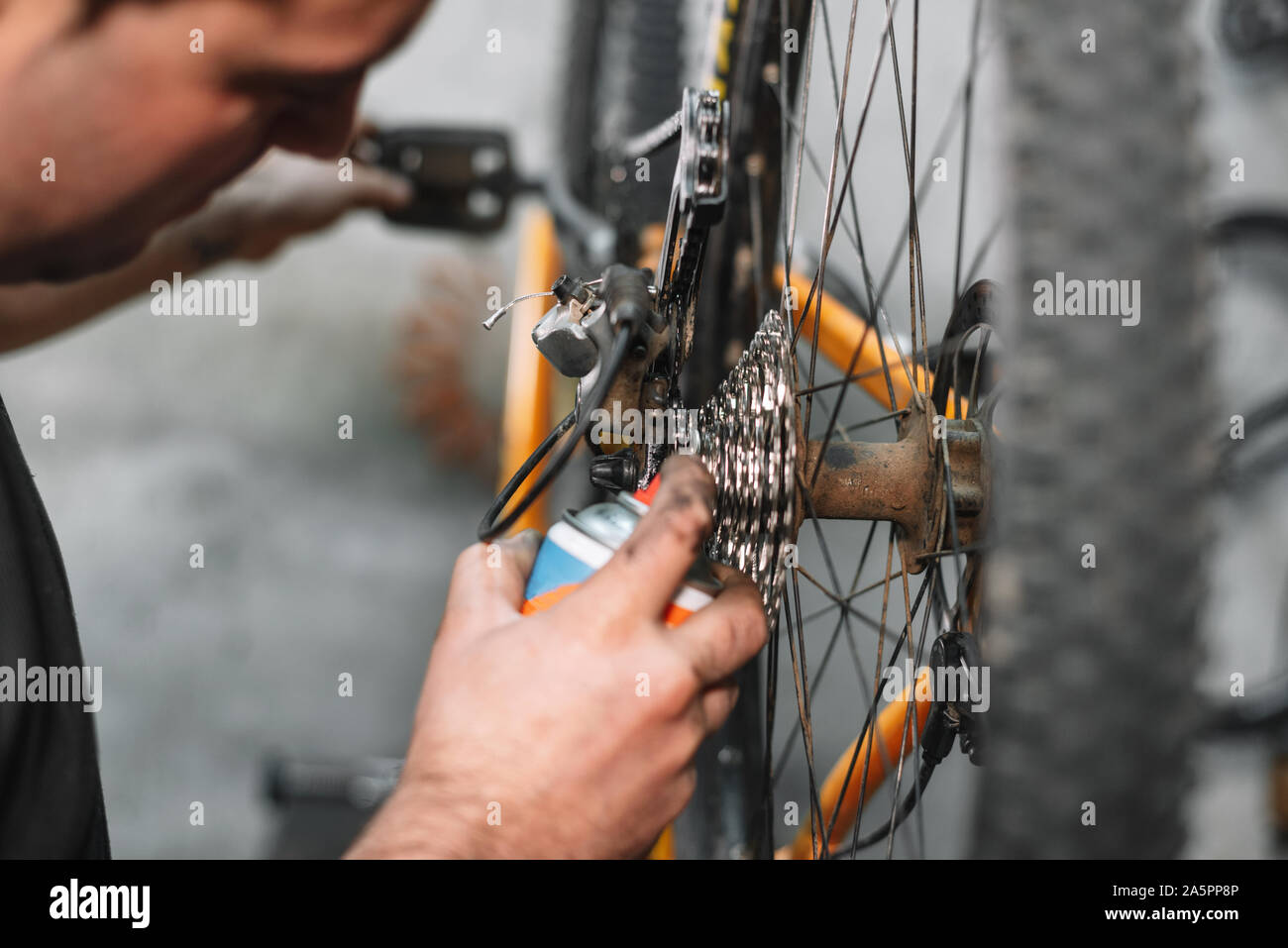 Mechanic man mano, spruzzare dell'olio ad una catena di bicicletta. Manutenzione di biciclette . Foto Stock