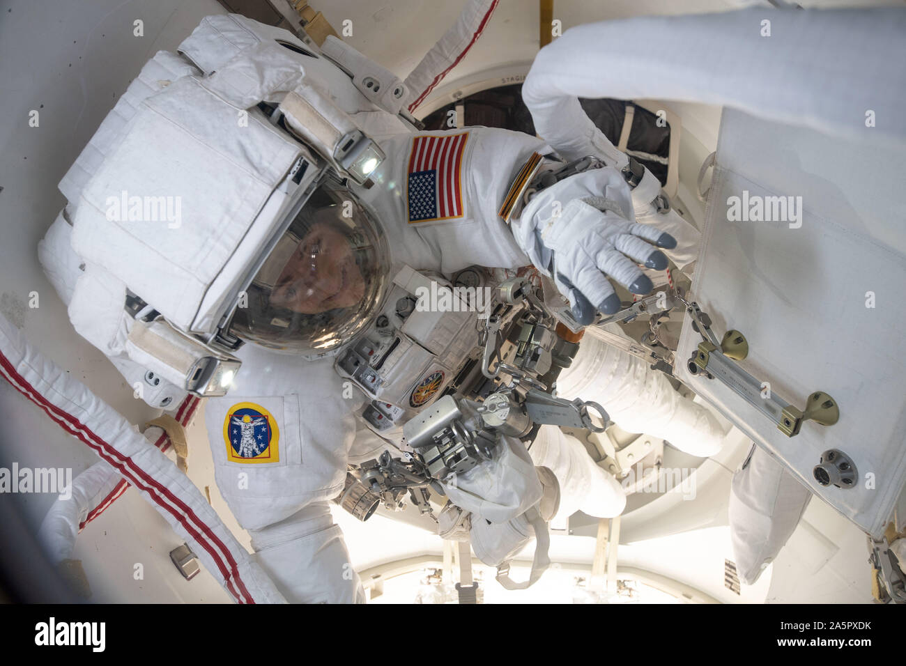 L'astronauta della NASA Jessica Meir si prepara a uscire dall'equipaggio la porzione di bloccaggio della ricerca airlock nel vuoto dello spazio per il suo spacewalk con il compagno astronauta Christina Koch Ottobre 18, 2019 in orbita intorno alla terra. Gli astronauti si è tenuta la prima tutte le femmine spacewalk per sostituire una batteria difettosa di carica e di scarica di unità che non è riuscito ad attivare in seguito alla prima installazione di nuove batterie agli ioni di litio. Foto Stock