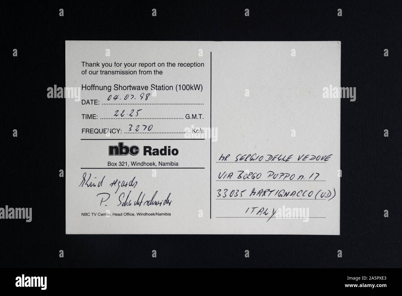 Un QSL scheda di verifica della NBC Radio dalla Namibia Foto Stock