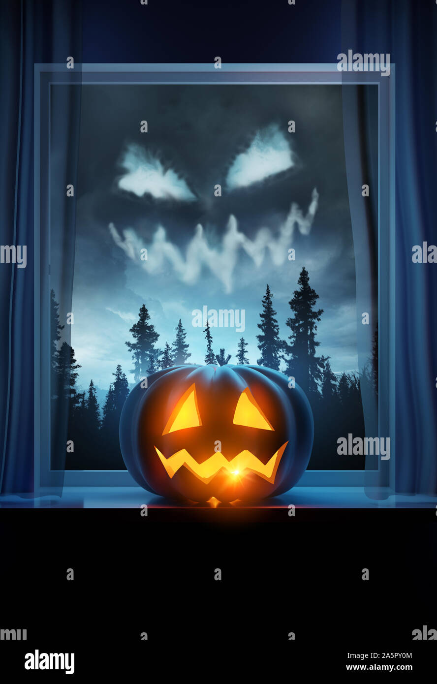 Scary Halloween zucca Jack O Lantern su un davanzale. 3D'illustrazione. Foto Stock