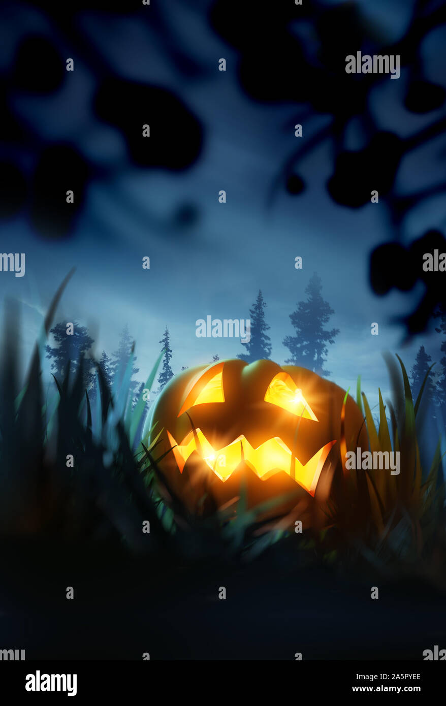 Un Halloween zucca lanterna incandescente sul terreno di notte. 3D'illustrazione. Foto Stock