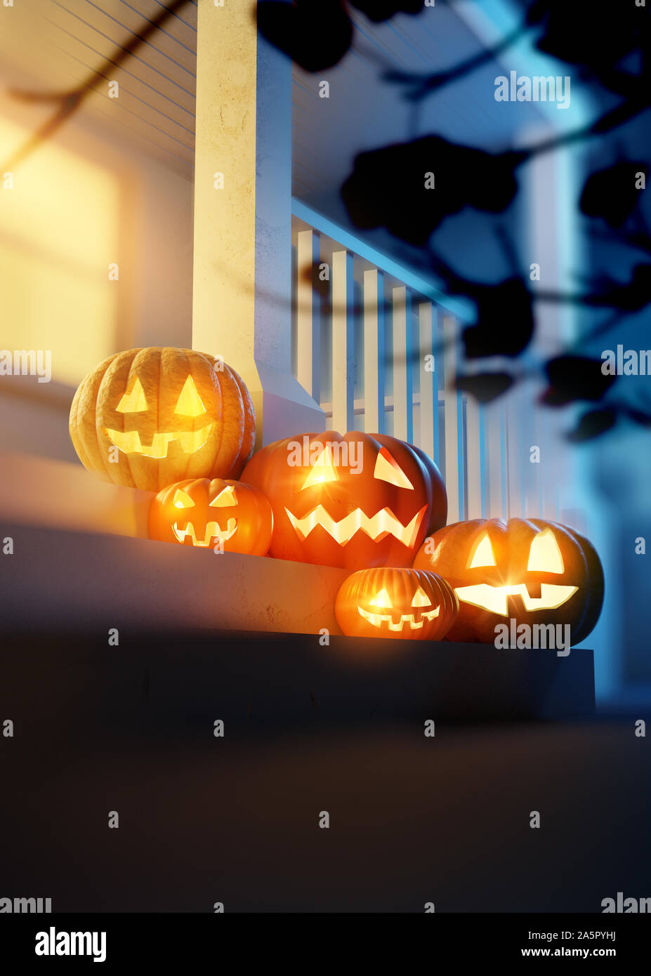 Zucca di Halloween Jack O' Lanterne Illuminazione di un ornato portico anteriore. 3d'illustrazione. Foto Stock
