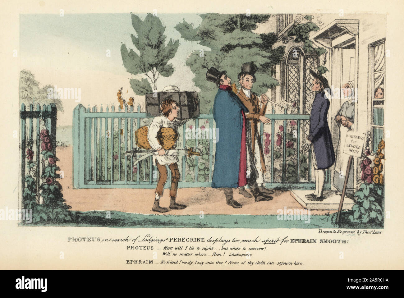 Regency attore con il costume e puntelli che cercano alloggi, venga rifiutata dal proprietario. Proteus in cerca di alloggi. Peregrine visualizza troppo spirito per Efraim liscia. Gli alloggi per i singoli uomini. Incisione Handcolored attaccato da Theodore Lane da Pierce Egan è la durata di vita di un attore Pickering e Chatto, Londra, 1892. Foto Stock