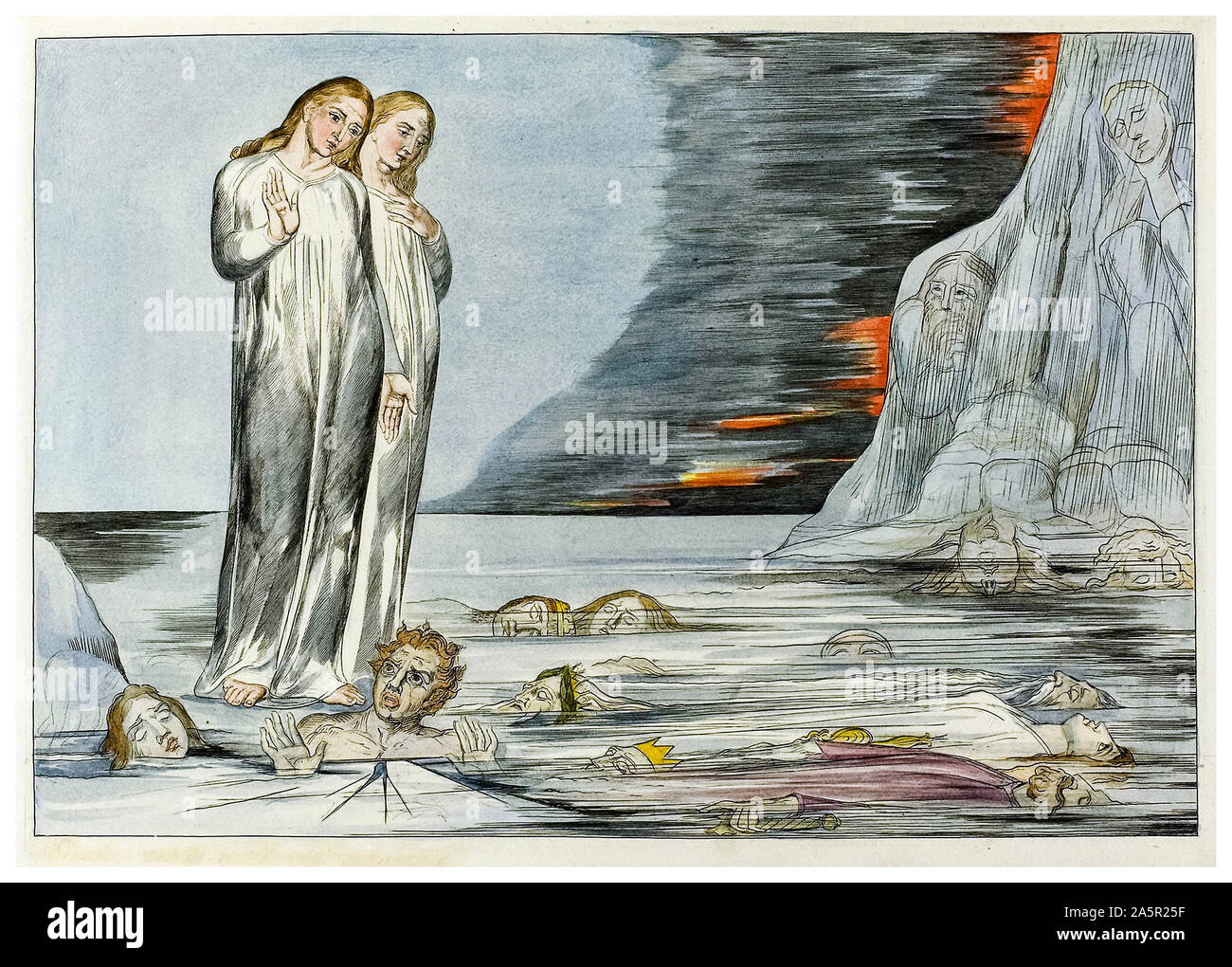 William Blake, l'Inferno di Dante, il cerchio dei Traitors, il piede di Dante che colpisce la bocca degli Abbate, l'incisione in rilievo, il colore a mano, l'illustrazione, 1827 Foto Stock