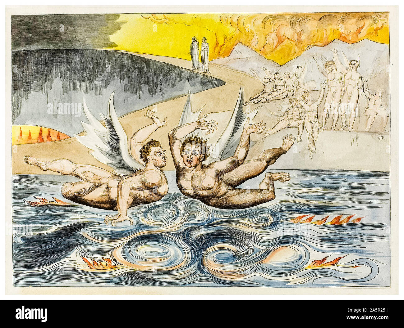 William Blake, Inferno di Dante, il cerchio degli ufficiali corrotti, i diavoli Mauling l'un l'altro, rilievo attacco, a mano colorata, illustrazione, 1827 Foto Stock