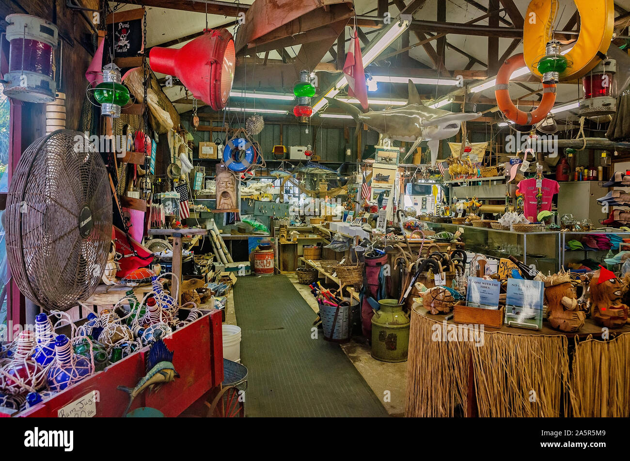 Souvenirs nautici e cimeli sono affollate sui ripiani, 6 ott. 2019, in Apalachicola, Florida. Foto Stock