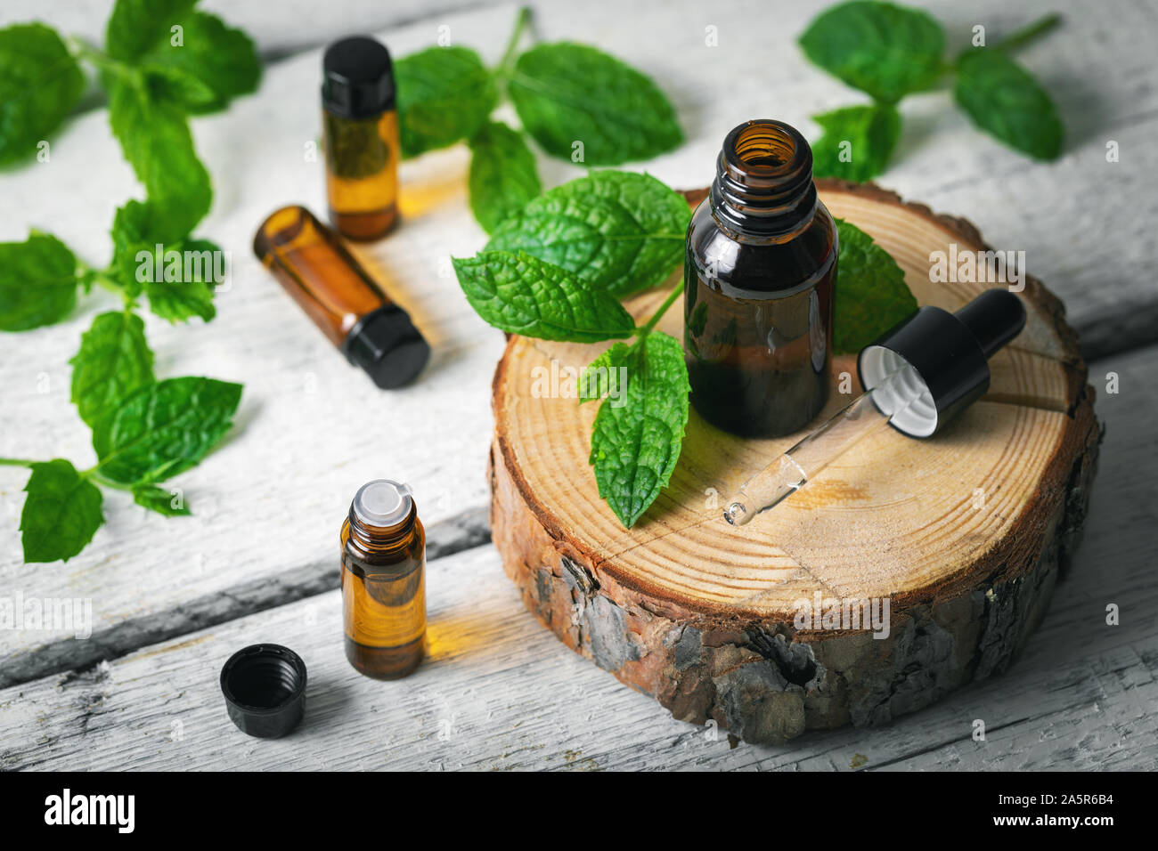 Un trattamento di aromaterapia - olio essenziale di bottiglie con foglie di menta bianca su sfondo di legno Foto Stock