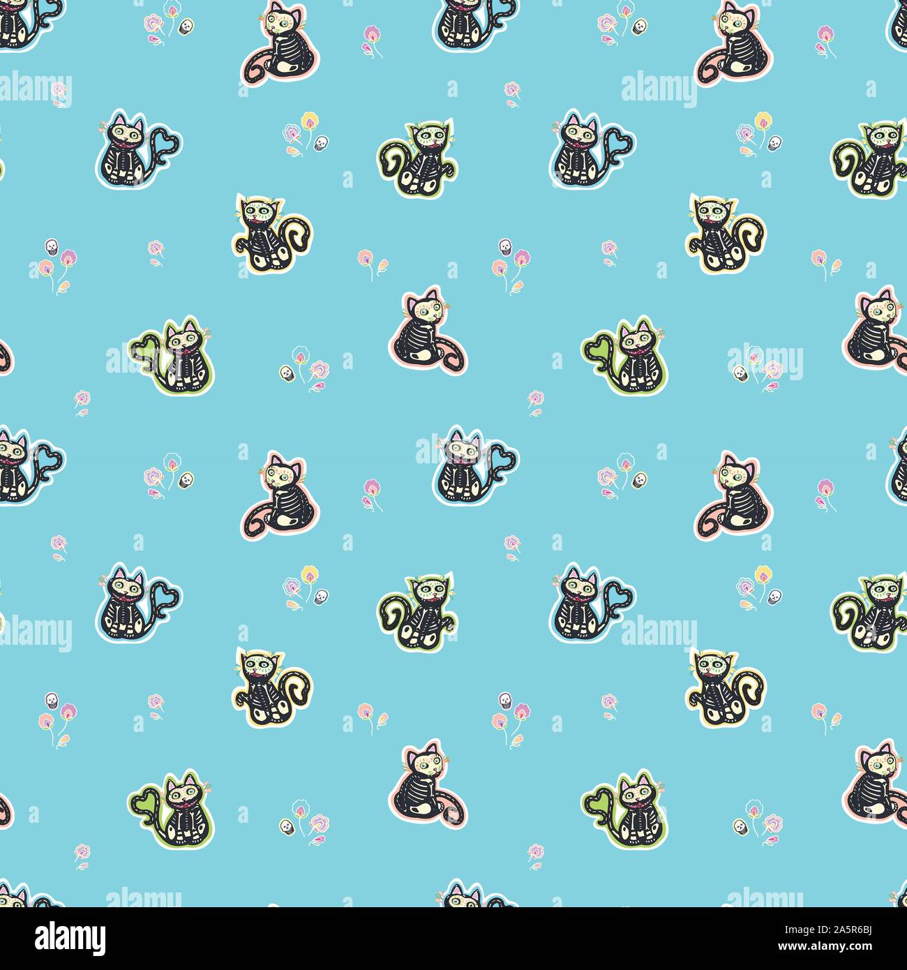 Vettore di perfetta giorno dei morti il teschio di zucchero cat pattern con disegnati a mano gatto di osso e floreali. Divertente e felice di design per la vostra festa perfetta. Illustrazione Vettoriale