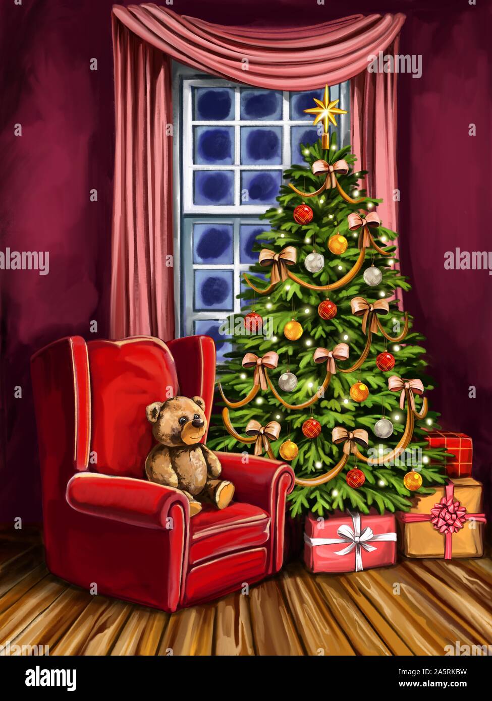 La vigilia di Natale, sala decorata con decorazione di Natale, Christmas tree simbolo del Natale e del nuovo anno, biglietto di auguri, arte illustrazione dipinta con Foto Stock