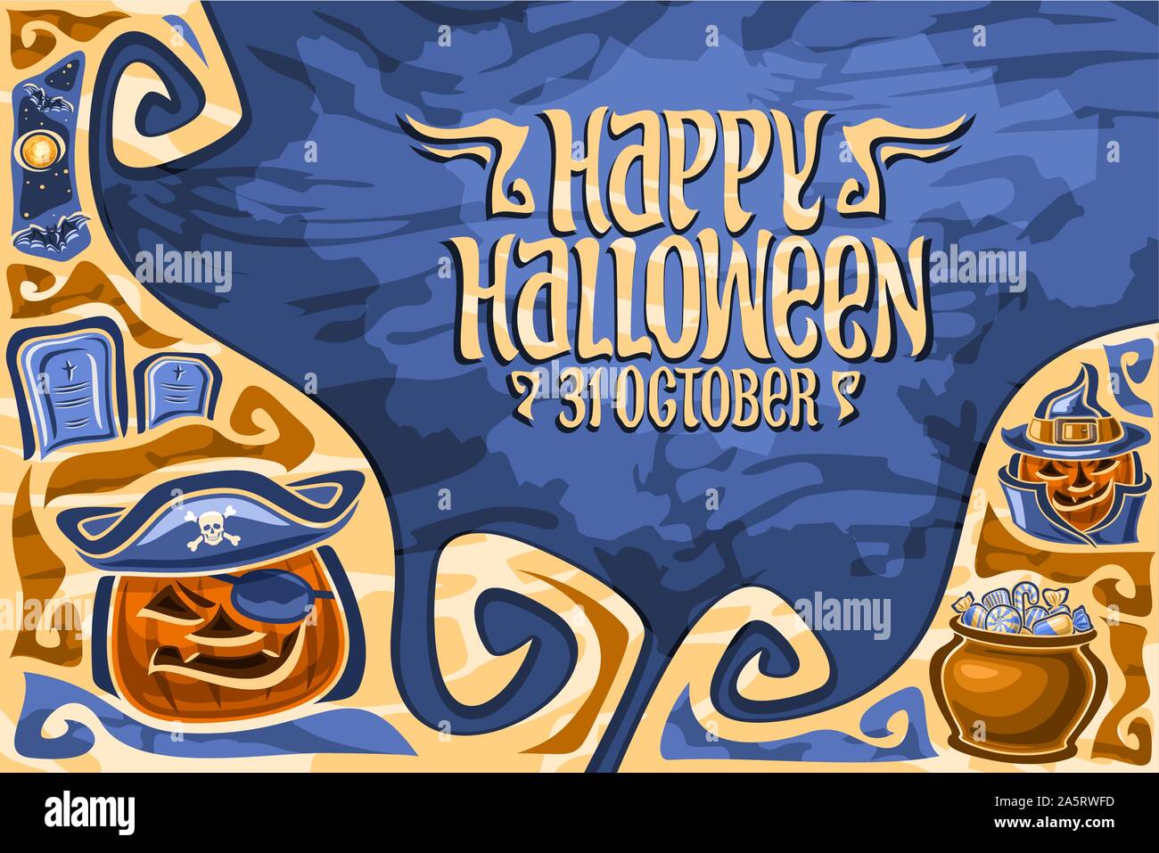 Vector biglietto di auguri per la festa di Halloween vacanza con spazio copia, arancione scolpite zucche, luna e pipistrelli al di sopra di tombe, carattere tipografico originale per parole felice hall Illustrazione Vettoriale