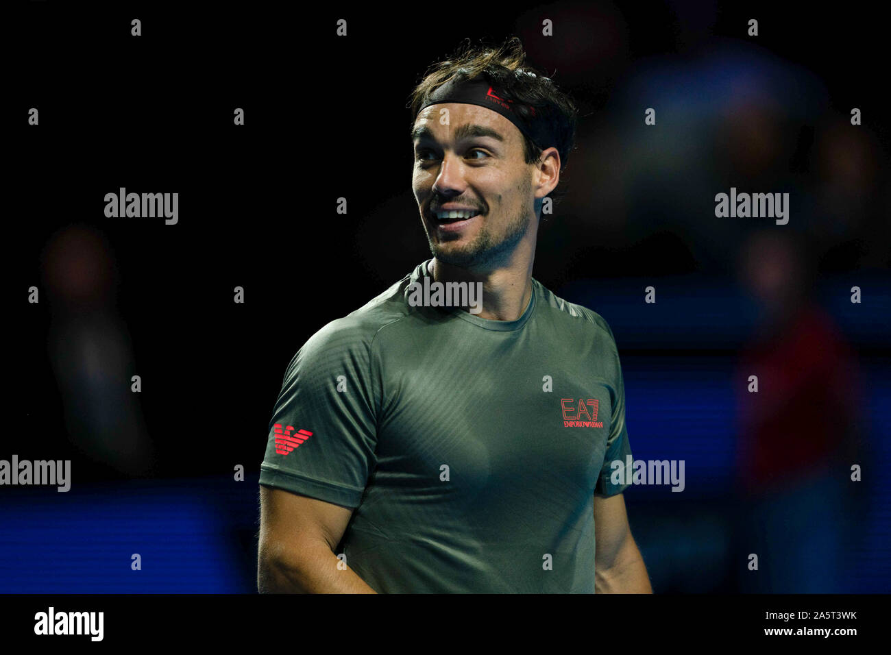 Basel, Svizzera. 22 ottobre, 2019. Fabio Fognini (Italia) si lamenta e ride su una sedia arbitro decisione durante l'ATP 500 Swiss Indoor 2019 match di tennis tra Fabio Fognini e Alexei Popyrin presso la St. Jakobshalle Basilea il 22 ottobre 2019 a Basilea, in Svizzera. (Foto di Daniela Porcelli/SPP) Credito: SPP Sport Stampa foto. /Alamy Live News Foto Stock