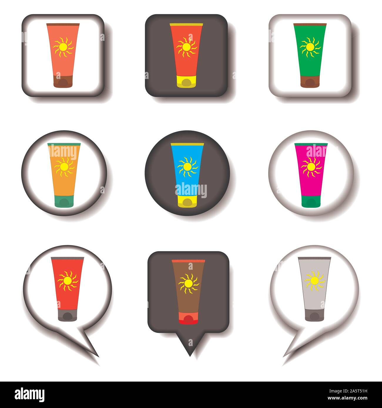 Icona vettore illustrazione per impostare i simboli estate sunscreen da sun. Modello di protezione solare costituito da design piatto con elementi mobili le applicazioni web. Raccogliere Illustrazione Vettoriale