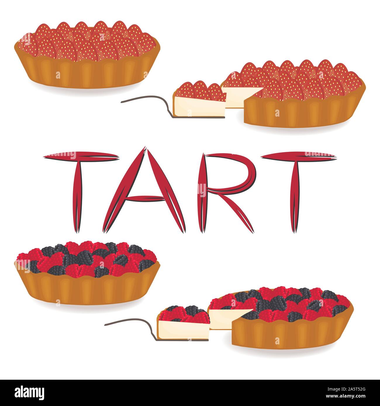 Icona vettore illustrazione logo per tutta la torta di berry tart, fetta pasticceria fatti in casa. Tart disegno costituito da diversi dessert pasticceria, cotta nel forno a ov Illustrazione Vettoriale