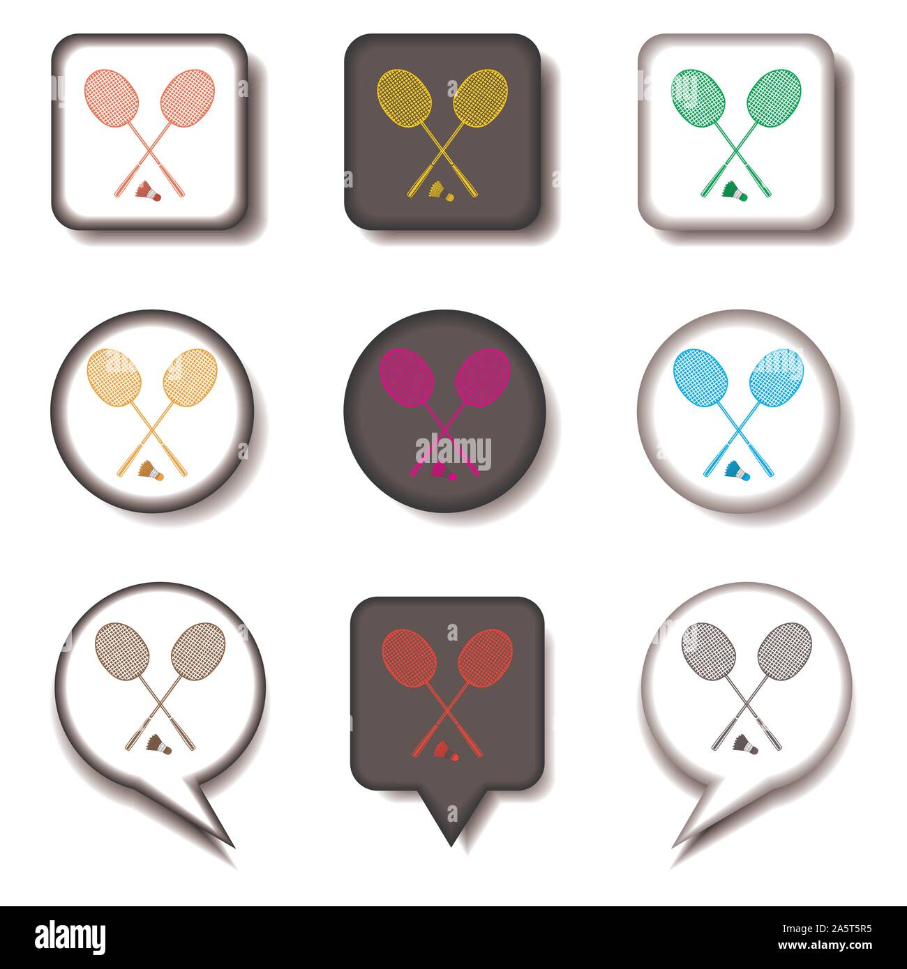 Icone vettoriali logo da impostare i simboli per il badminton racchetta. Racket disegno costituito da design piatto con elementi mobili le applicazioni web. Raccolta INF moderno Illustrazione Vettoriale
