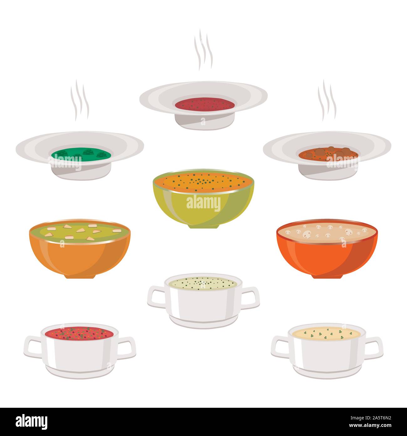 Illustrazione Vettoriale per calda tazza di ceramica, ampia piastra è riempito con varie minestre fatte in casa con il brodo e verdure. Zuppa set costituito da bocce wit Illustrazione Vettoriale