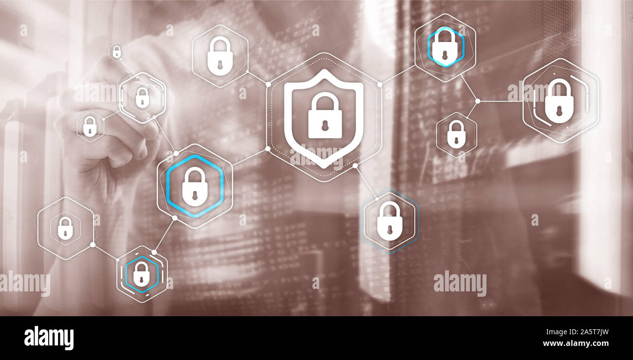 Cyber security protezione dei dati Protezione dei dati il concetto di privacy dei server sfocato sfondo in camera Foto Stock