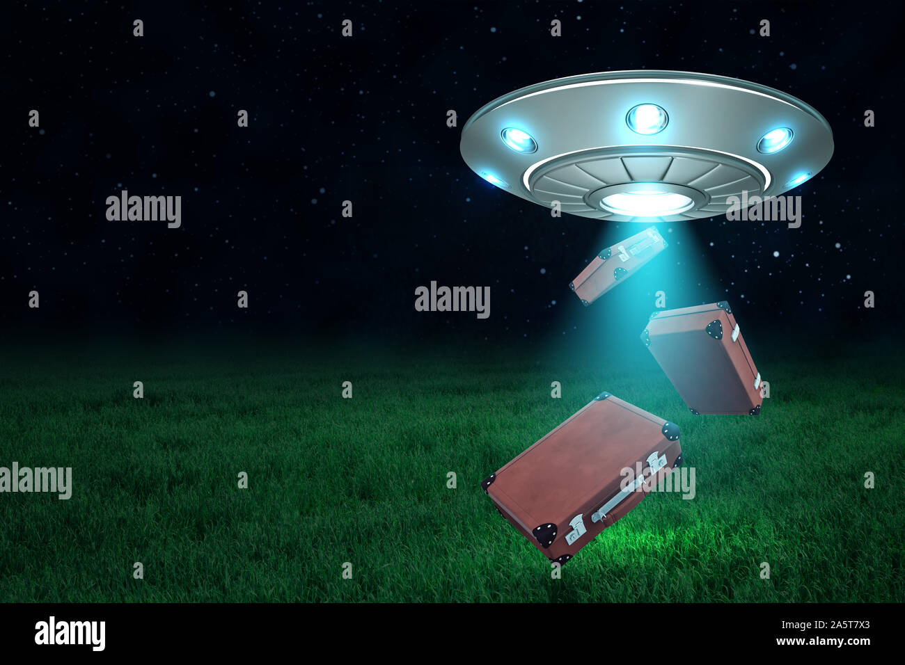 3D rendering di UFO sopra campo verde sotto il cielo notturno con tre viaggi marrone i casi rientranti in giù dalla sua botola aperta. Foto Stock