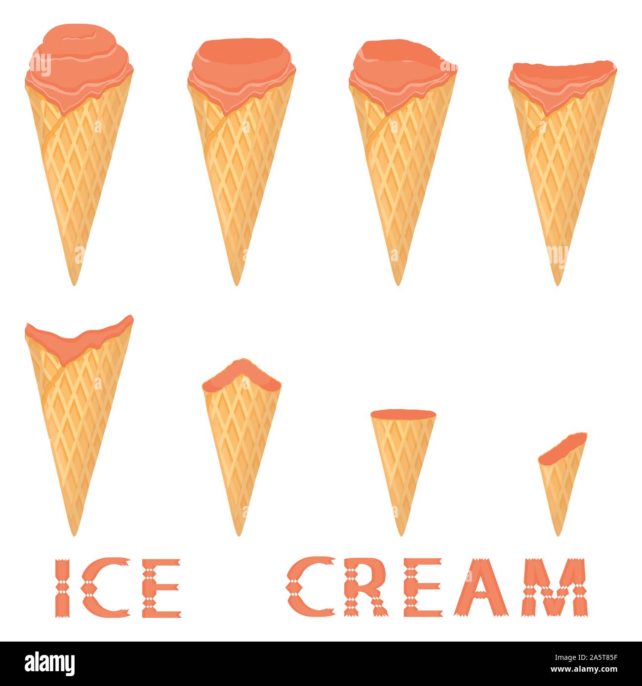 Illustrazione Vettoriale di ciliegio naturale gelato sul cono di cialda. Ice Cream disegno consistente del dolce freddo di gelato, gustosi dessert congelato. Frui fresco Illustrazione Vettoriale
