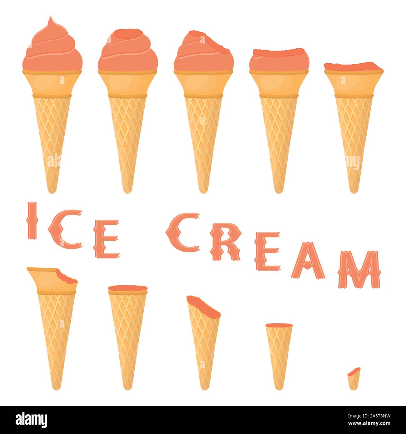 Illustrazione Vettoriale di ciliegio naturale gelato sul cono di cialda. Ice Cream disegno consistente del dolce freddo di gelato, gustosi dessert congelato. Frui fresco Illustrazione Vettoriale