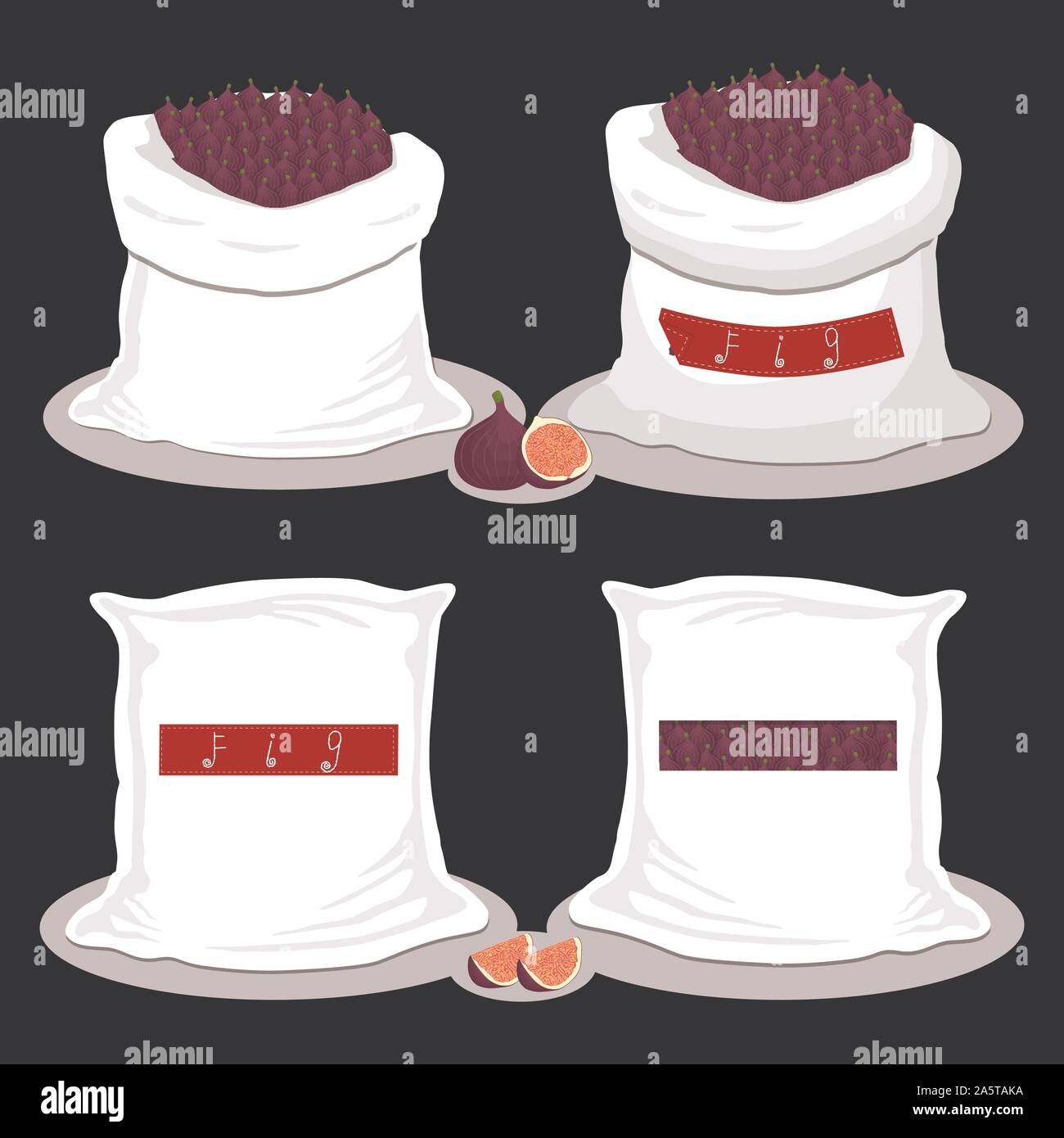 Icona vettore illustrazione logo per sacchi riempiti con frutta viola fig, storage in sacchi. Figura disegno costituito da alimenti maturi, prodotto grezzo sul sacco aperto. Illustrazione Vettoriale