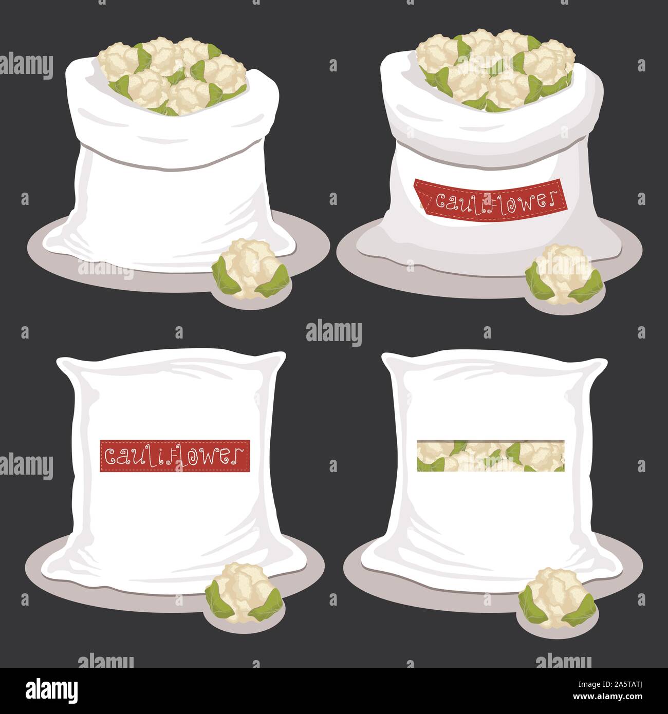 Illustrazione Vettoriale per sacchi riempiti con verdura cavolfiore, storage in sacchi. Il cavolfiore disegno costituito da alimenti maturi, prodotto grezzo su open Sac Illustrazione Vettoriale