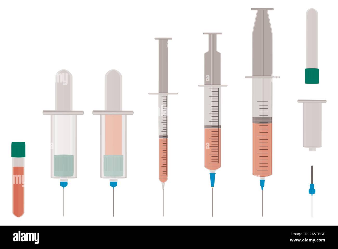 Illustrazione sul tema grande set di colori diversi tipi di siringhe, aghi per ospedale. Siringa costituito da accessorio di raccolta con qualità contr Illustrazione Vettoriale