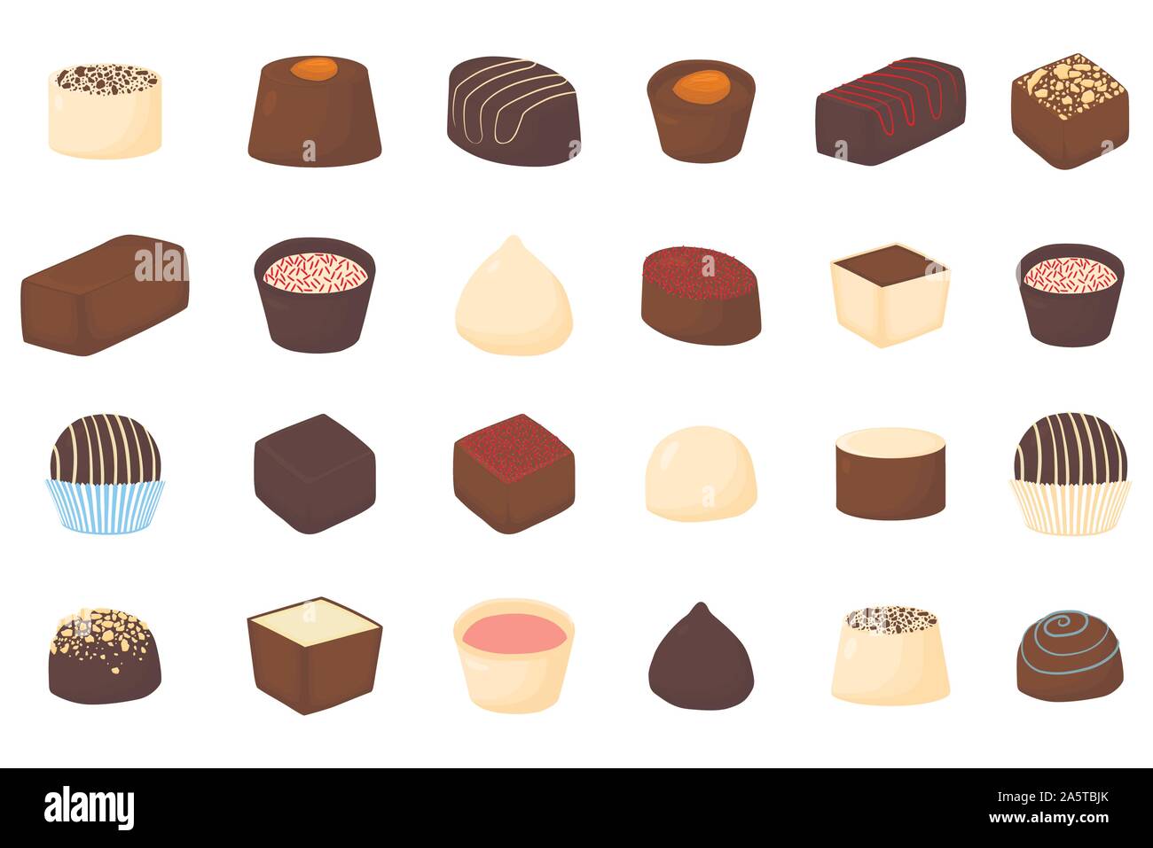 Grande e bella serie di coloratissimi dolci al cioccolato da caramelle. Candy consistente di latte ricoperta di cioccolato ripiene dolce torrone. Scatola di cioccolatini riuniscono Illustrazione Vettoriale