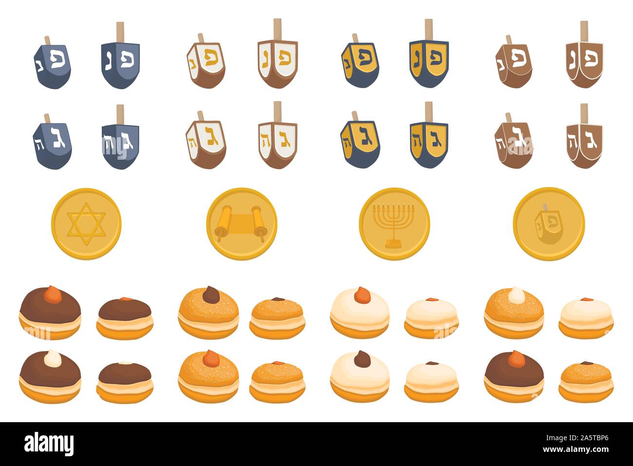 Illustrazione Vettoriale per Hanukkah è grande festa ebraica. Hanukkah disegno costituito da stella di Davide, sufganiyot ciambelle, decorazione menorah, argilla j Illustrazione Vettoriale