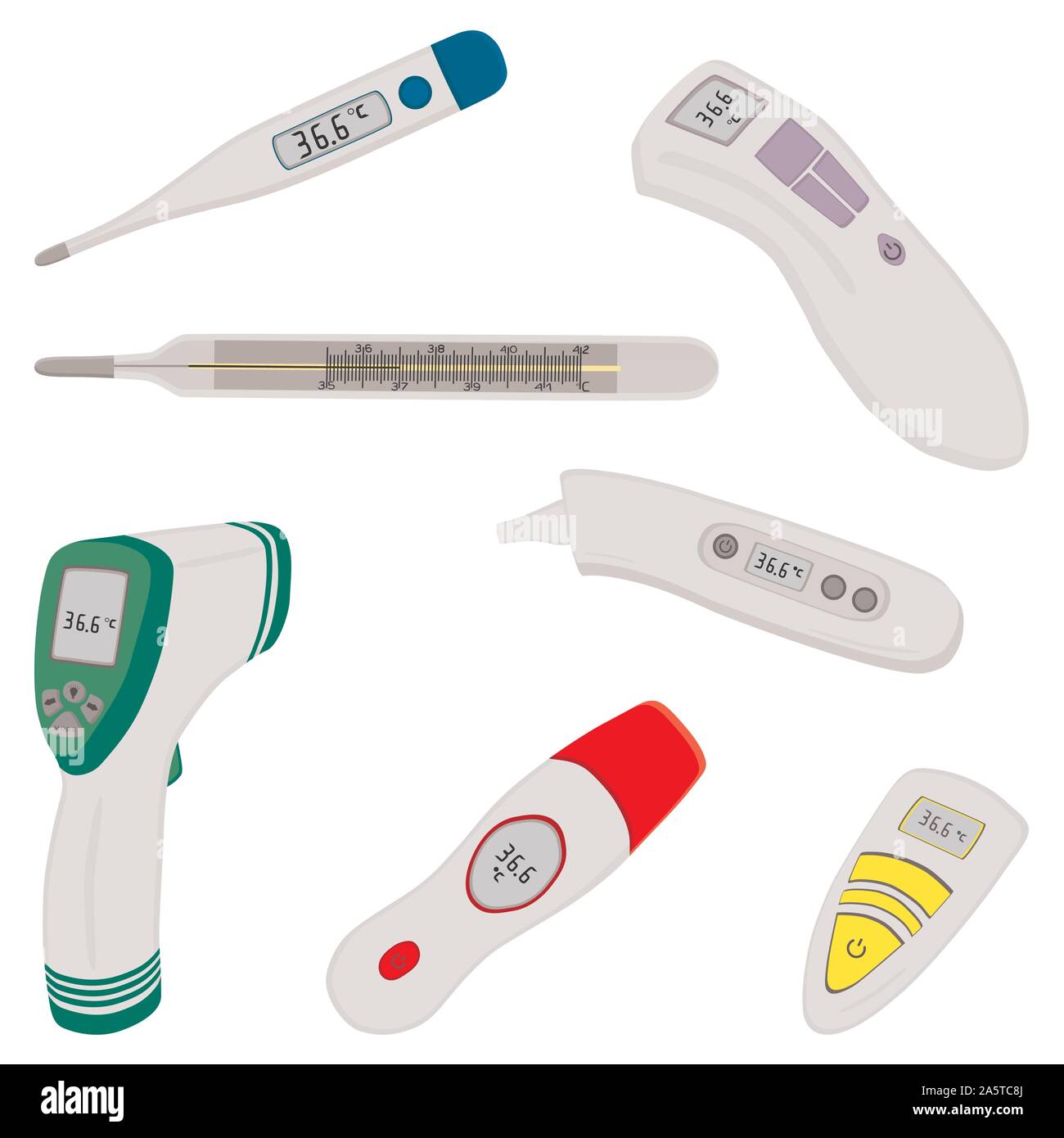 Illustrazione sul tema grande set di colori diversi tipi di termometri per ospedale. Termometro costituito da accessorio di raccolta con qualità c. Illustrazione Vettoriale