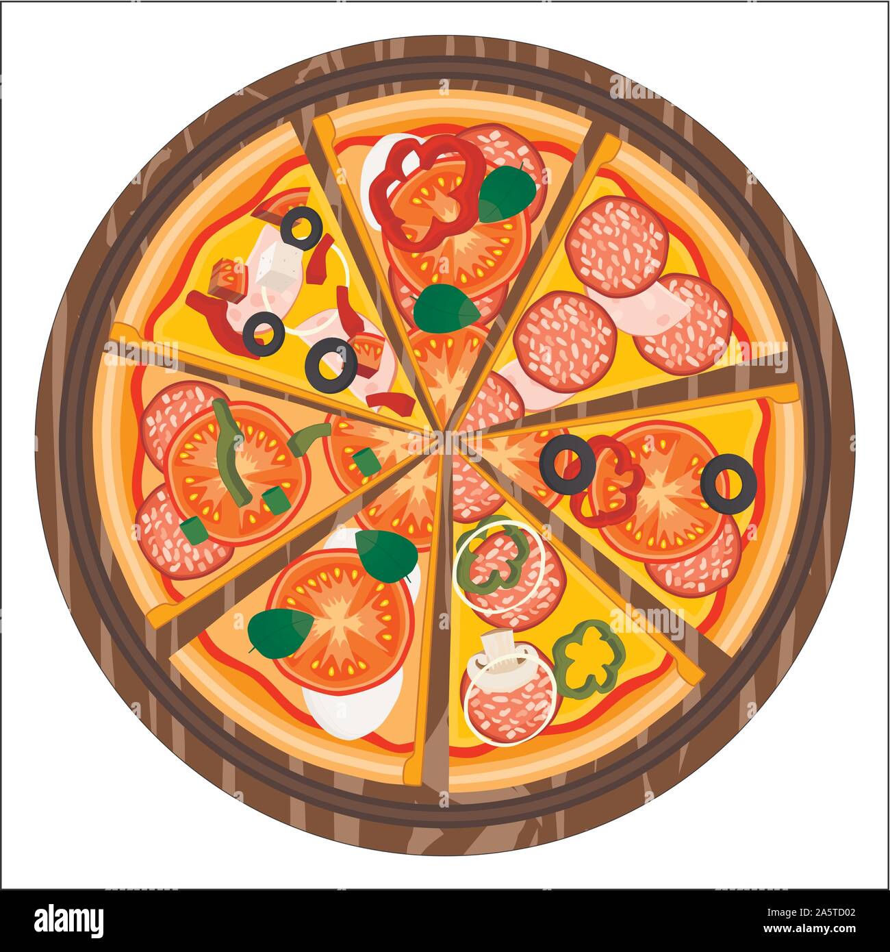 Illustrazione Vettoriale logo per tutto il turno di pizza calda, triangolo di fetta dalla pizzeria menu. Pizza sul pannello di legno, ingredienti per pizzeria a lavagna, fo Illustrazione Vettoriale