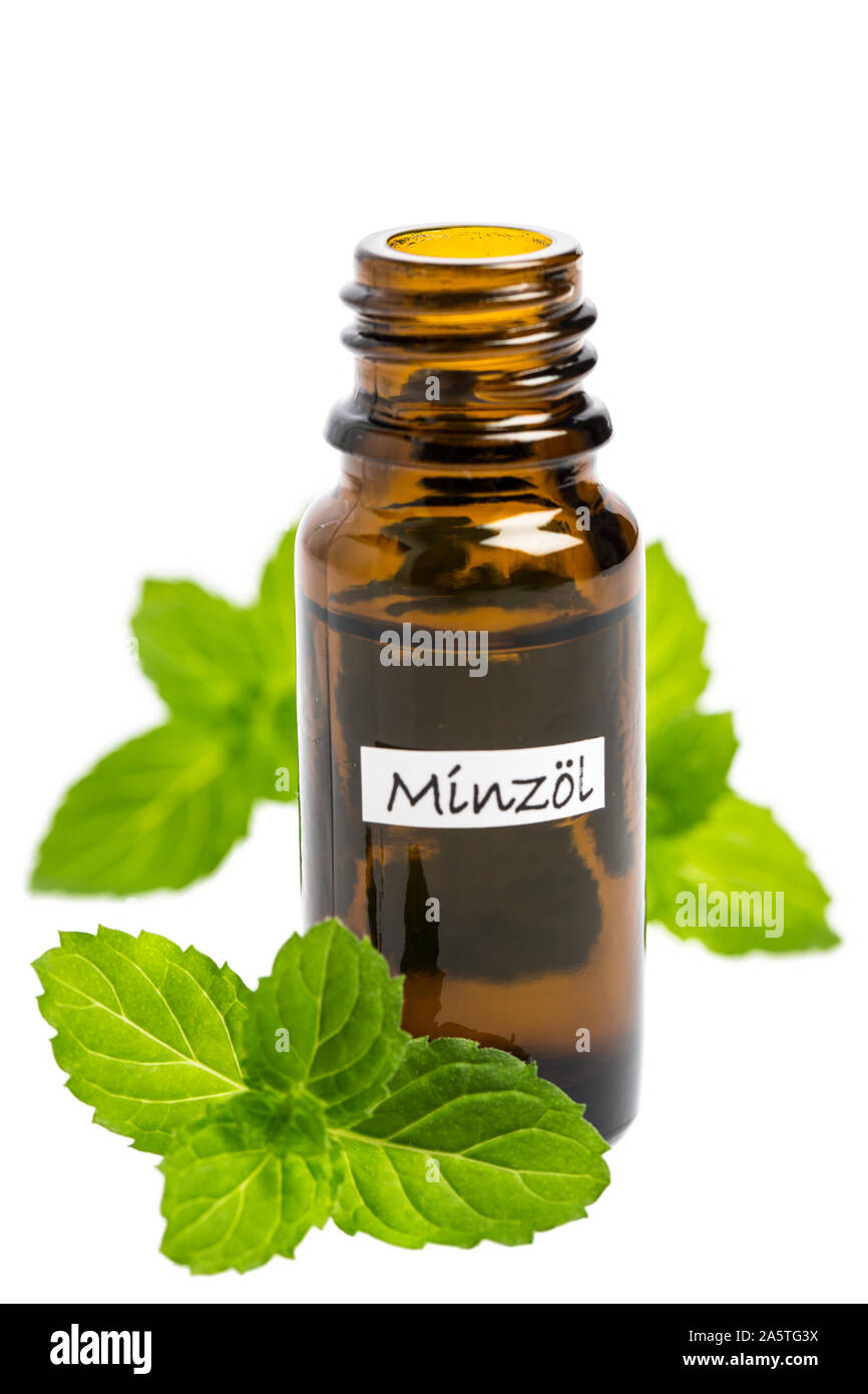 Olio profumato di menta isolati su sfondo bianco Foto Stock
