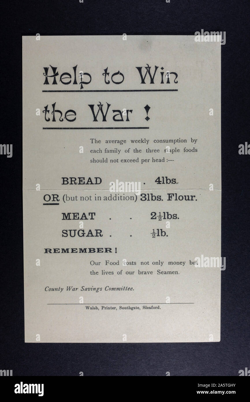 "Contribuire a vincere la guerra!" consulenza poster di razioni di cibo, un pezzo di memorabilia replica dalla prima guerra mondiale era. Foto Stock