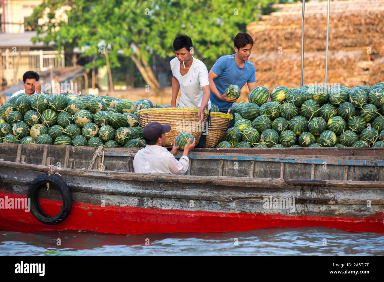 Gli uomini vendere angurie da una barca al mercato galleggiante del Mekong. Foto Stock