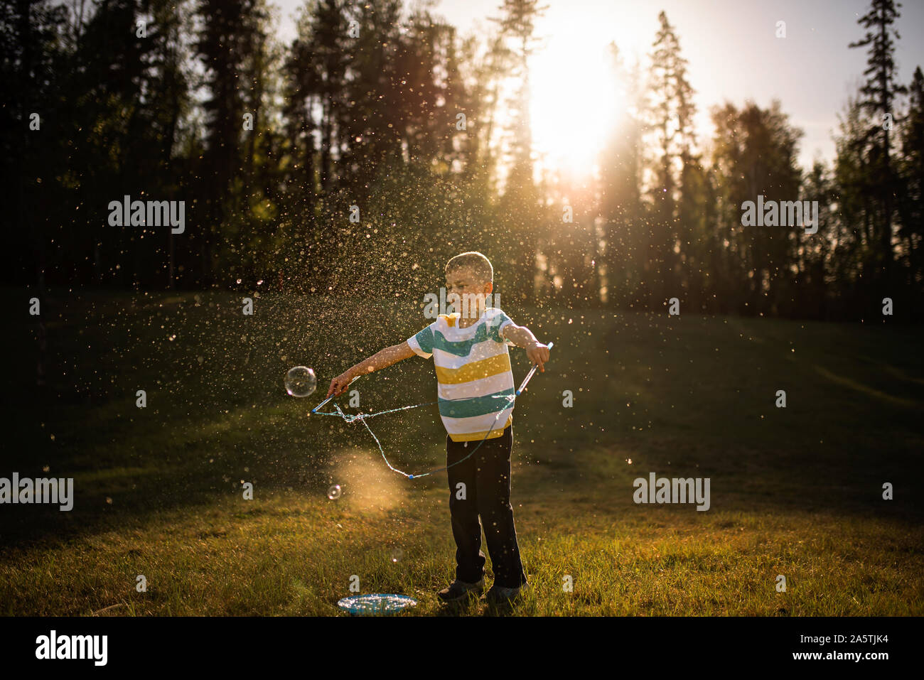 5 anno vecchio ragazzo bolla gigante pop nella luce dorata Foto Stock