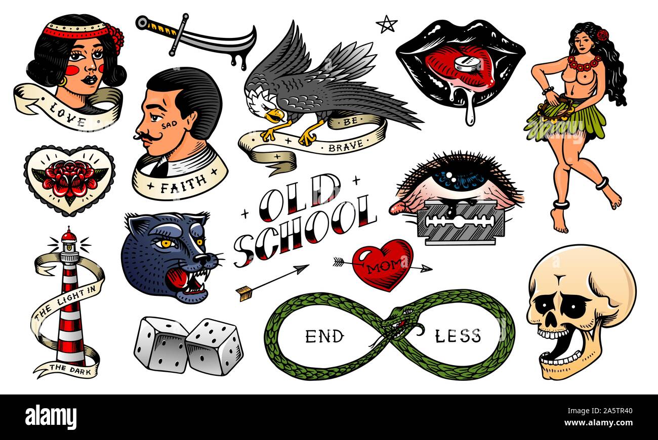 Set di scuola vintage Tattoo. Caratteri giocando a carte, Hawaiian donna, labbra e medicina farmaco, faro, Panther, dadi e snake. Mano inciso Illustrazione Vettoriale