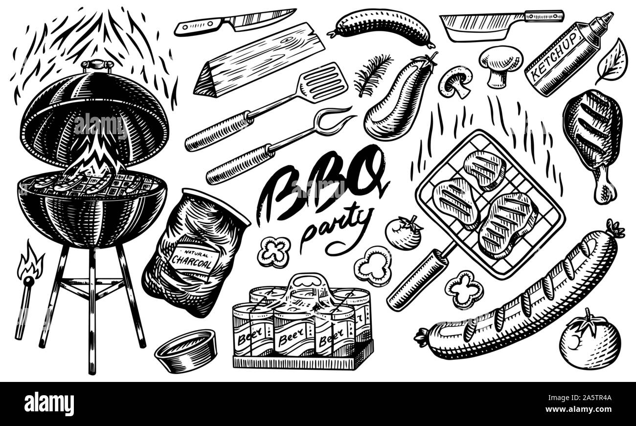 Grill Barbecue impostato in stile vintage. Disegnato a mano. Il barbecue party ingredienti. Grill caldo cibo, birra e strumenti, spezie e verdure. Illustrazione Vettoriale Illustrazione Vettoriale