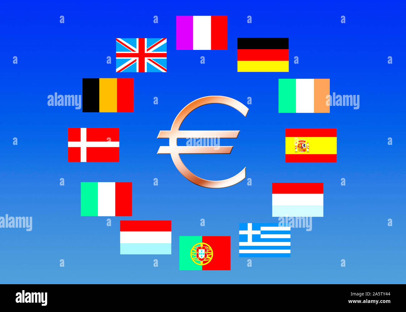 Ue-Flaggen der 12 Gruenderstaaten mit Euromünze Foto Stock