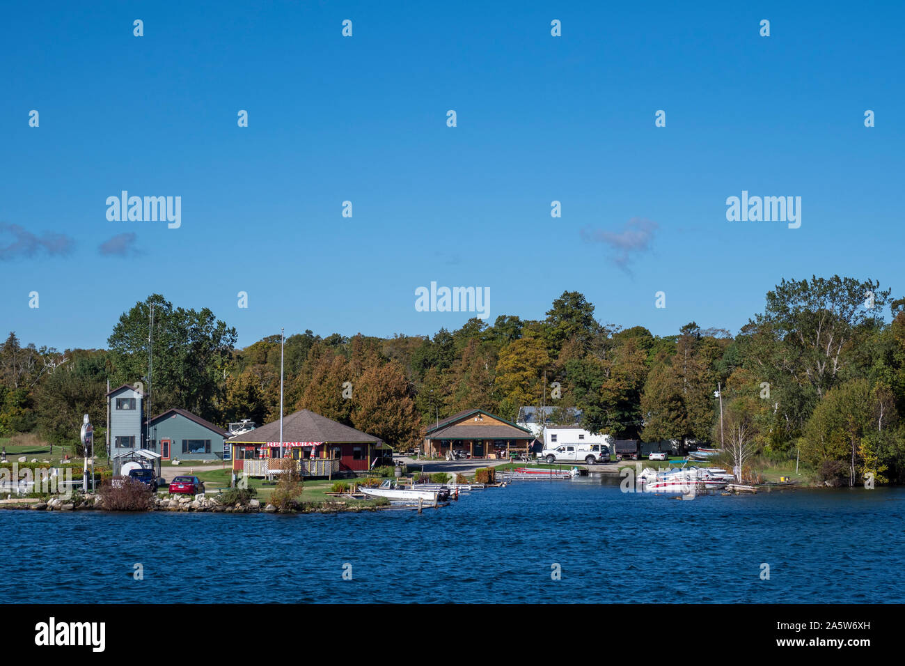Gli edifici del porto, Washington Isola, Door County, Wisconsin. Foto Stock