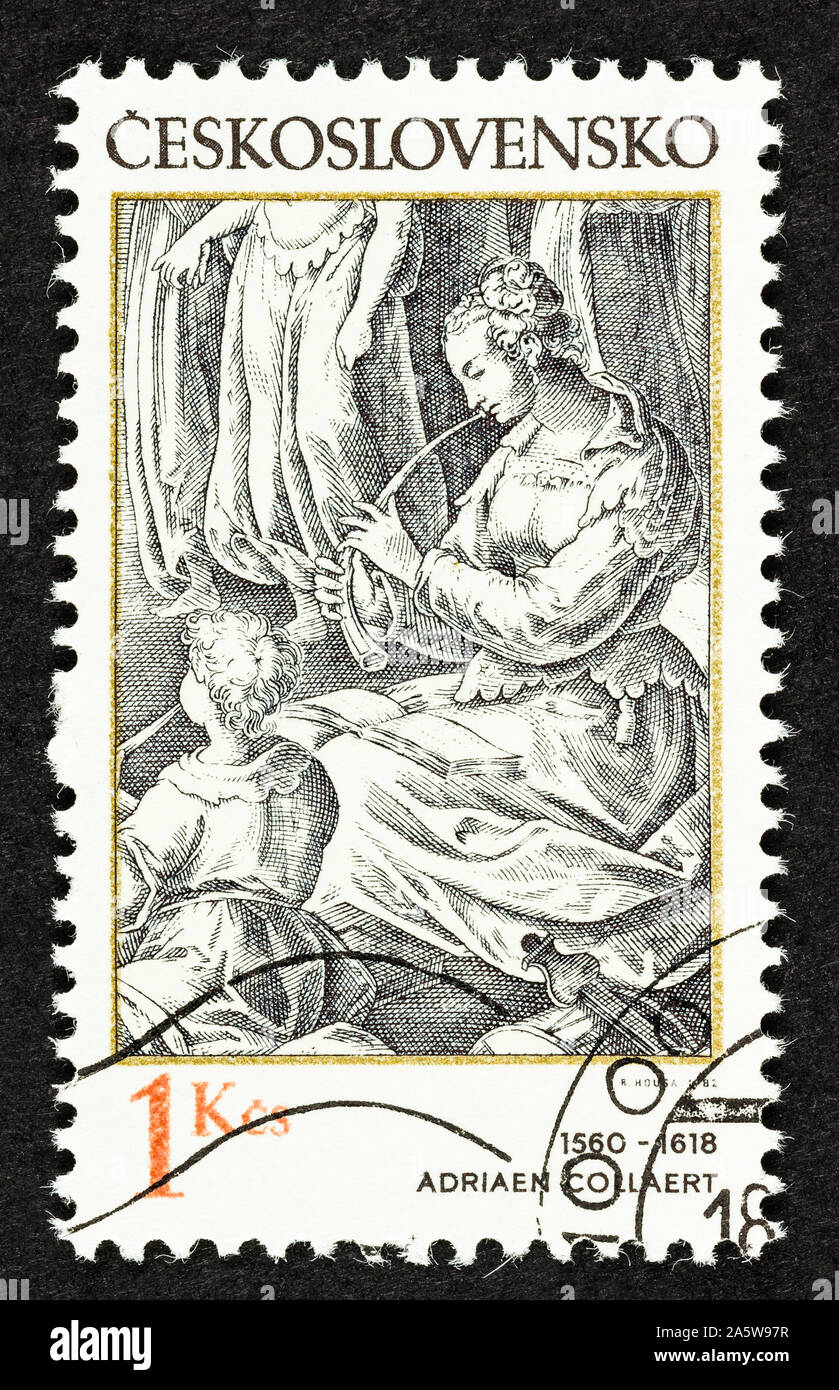 La Cecoslovacchia francobolli con incisione di Adriaen Collaert, dotate di una donna la riproduzione di flauto con un bambino. Foto Stock