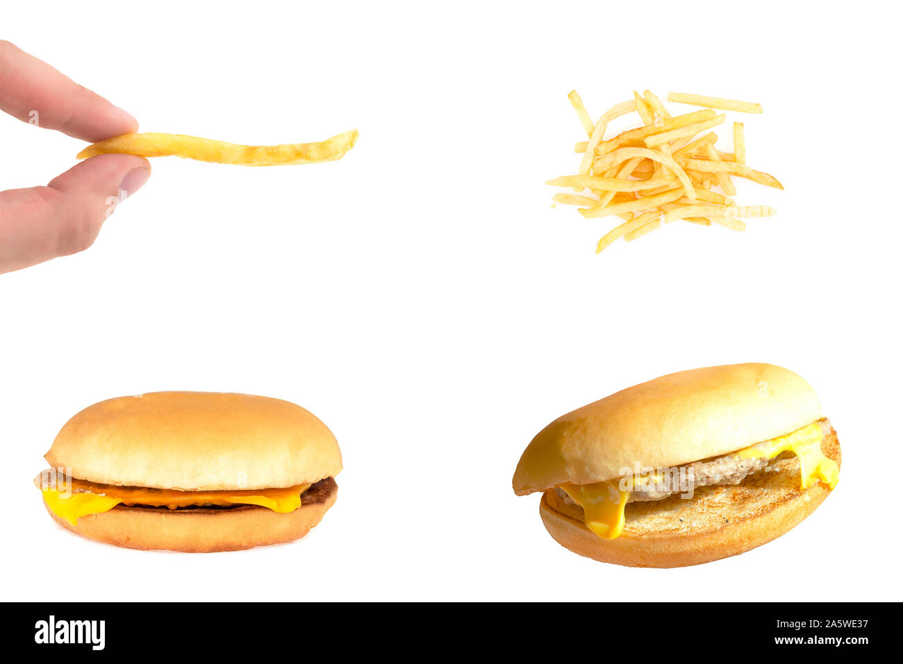 Cheeseburger e patatine fritte texture combinato isolati su sfondo bianco Foto Stock